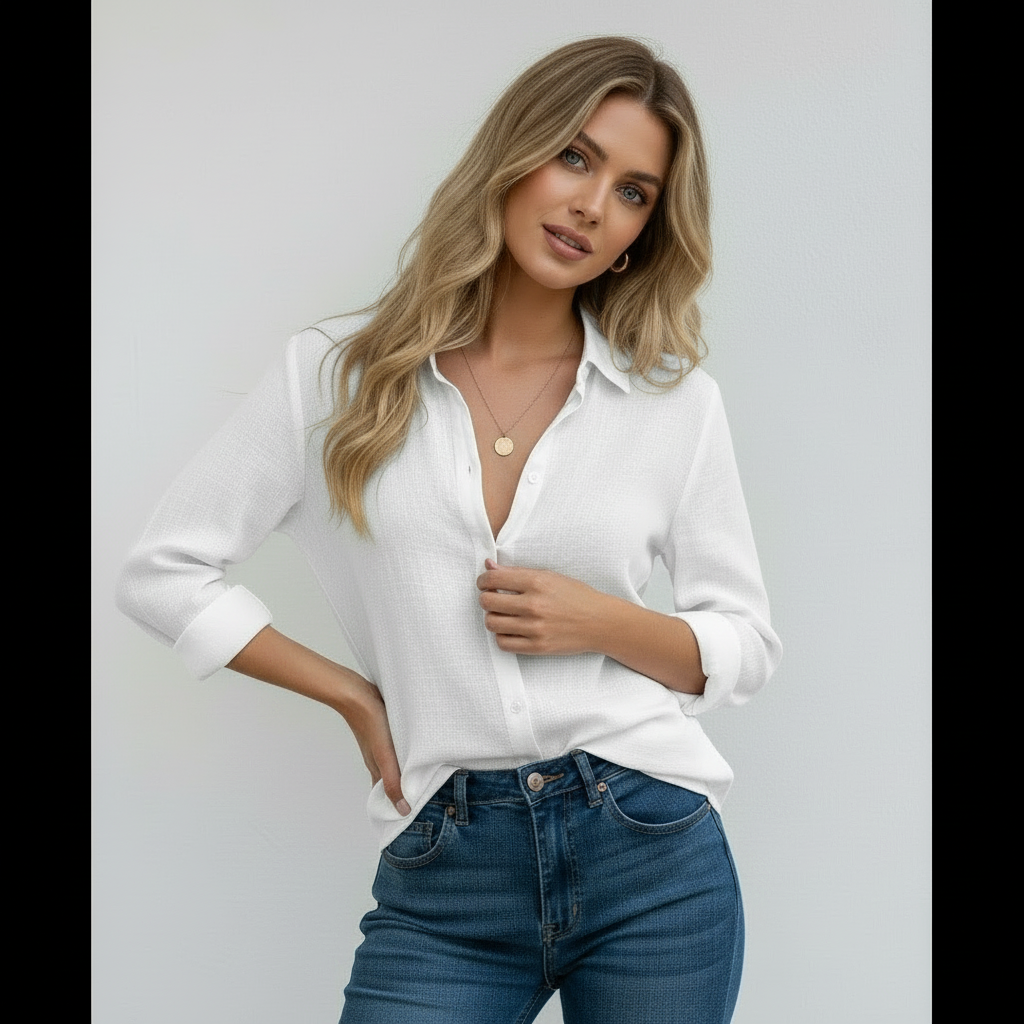 Blouse Femme Manches Mi-Longues à Boutons