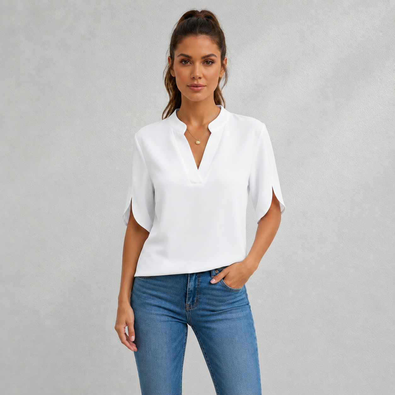 Blouse Femme en Chiffon à Col V et Manches Courtes