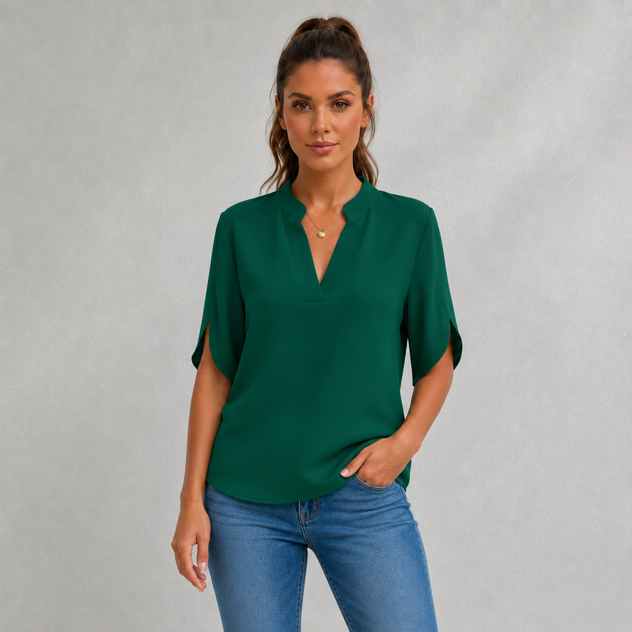 Blouse Femme en Chiffon à Col V et Manches Courtes