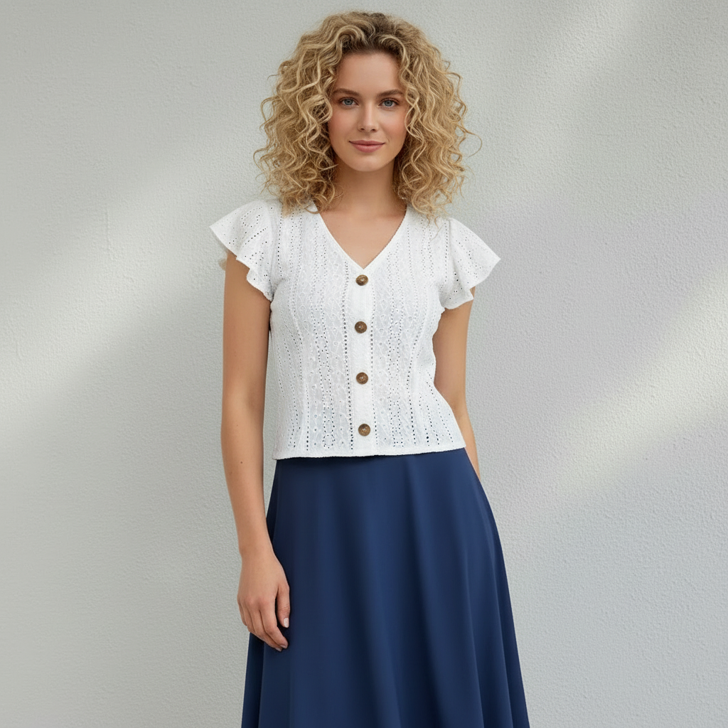 Blouse Femme Col V Boutonnée Manches Volantées