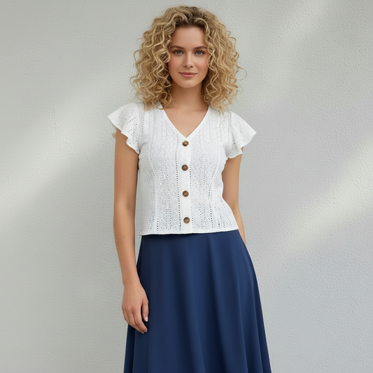 Blouse Femme Col V Boutonnée Manches Volantées