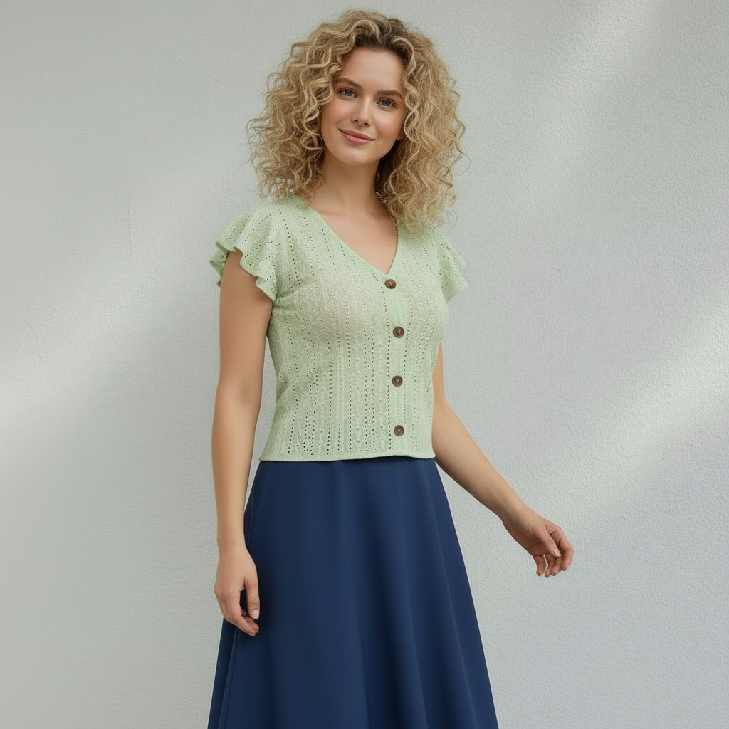 Blouse Femme Col V Boutonnée Manches Volantées