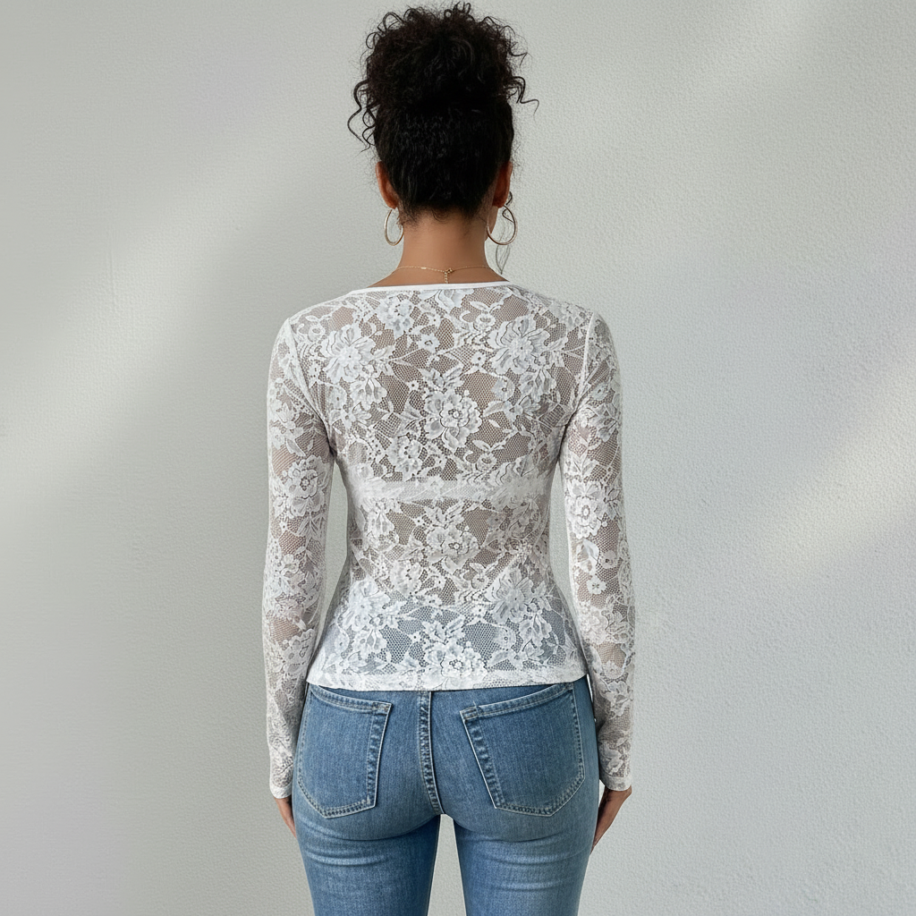 Blouse Femme en Dentelle Col V | Manches Longues Élégante