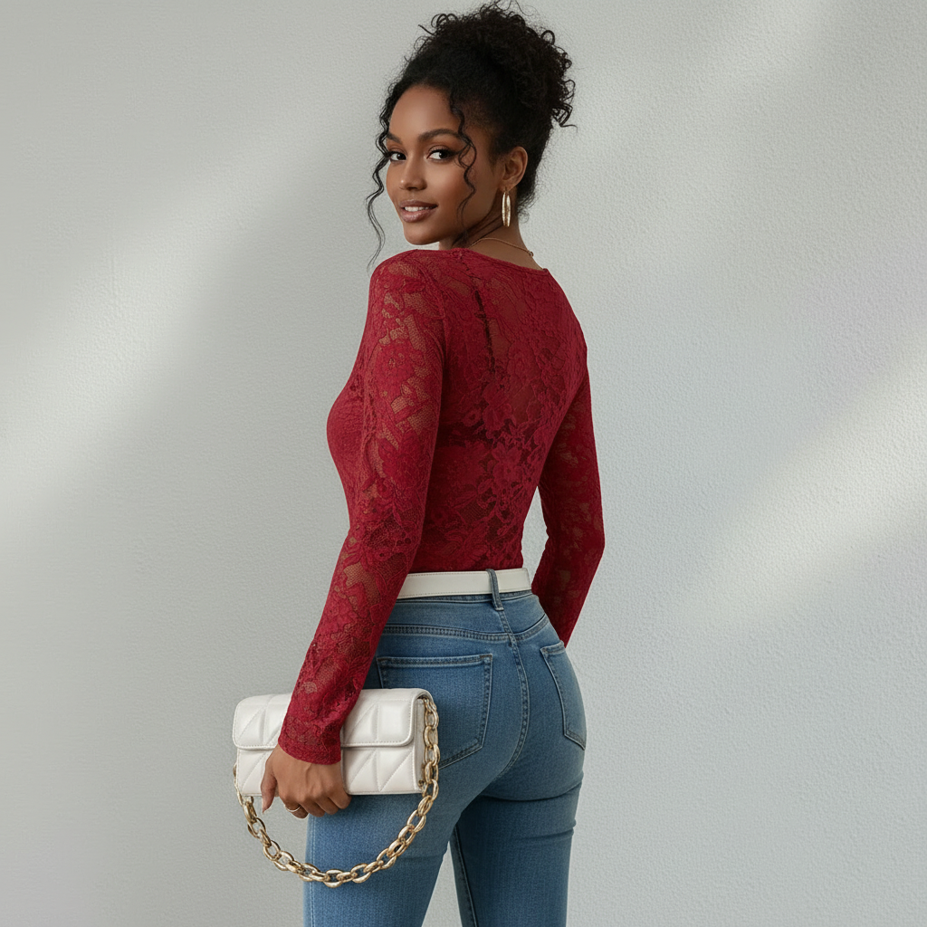 Blouse Femme en Dentelle Col V | Manches Longues Élégante