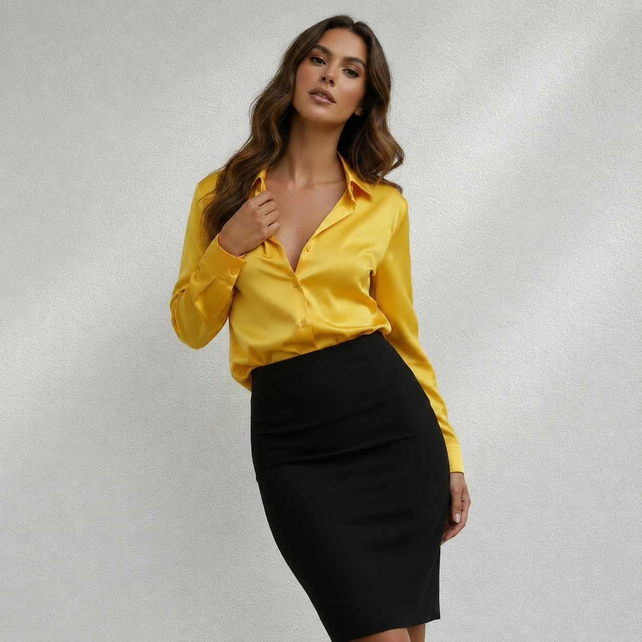 Chemise femme satinée jaune portée avec jupe noire