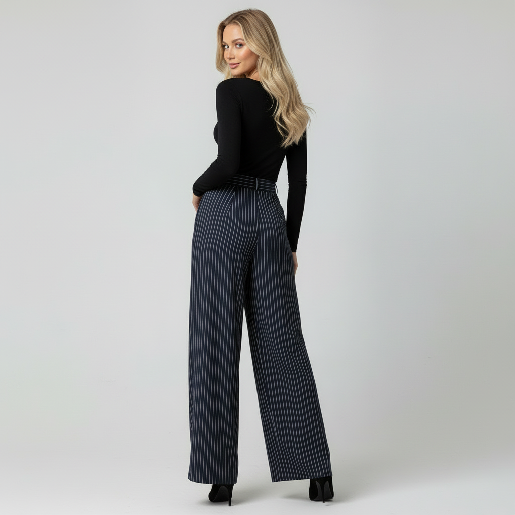 Pantalon Large Femme Taille Haute Rayé