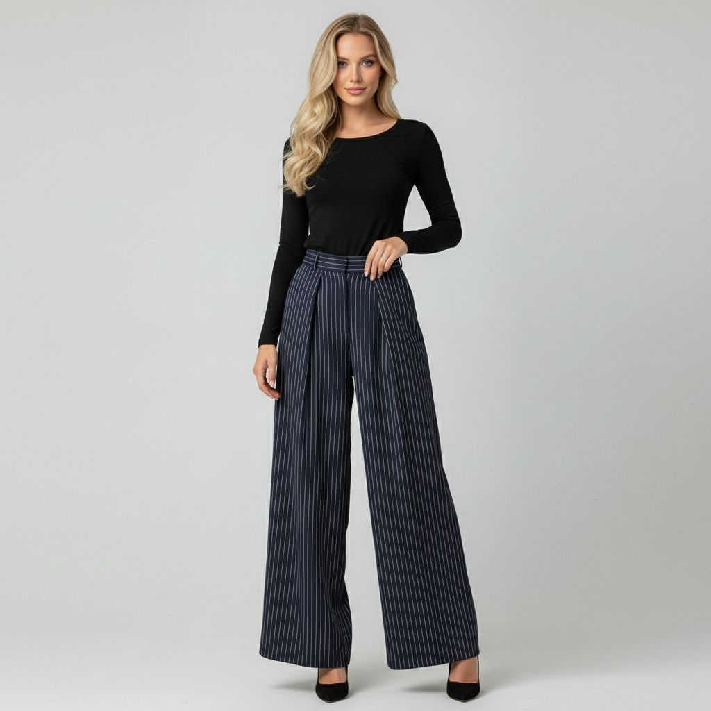 Pantalon Large Femme Taille Haute Rayé