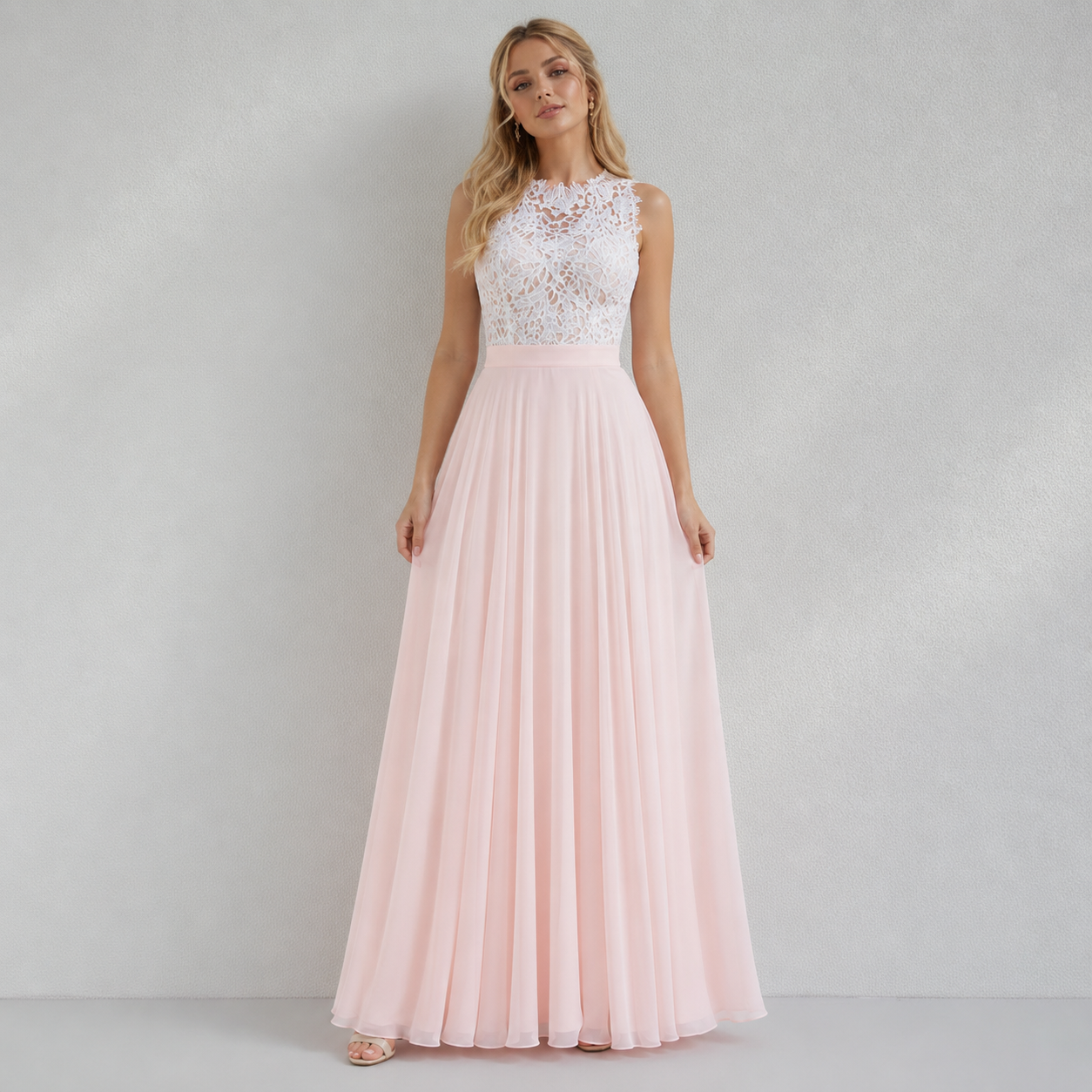 Robe longue femme dentelle et voile rose vue de face