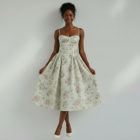 Robe midi femme à corset imprimé fleuri vert clair – vue de face