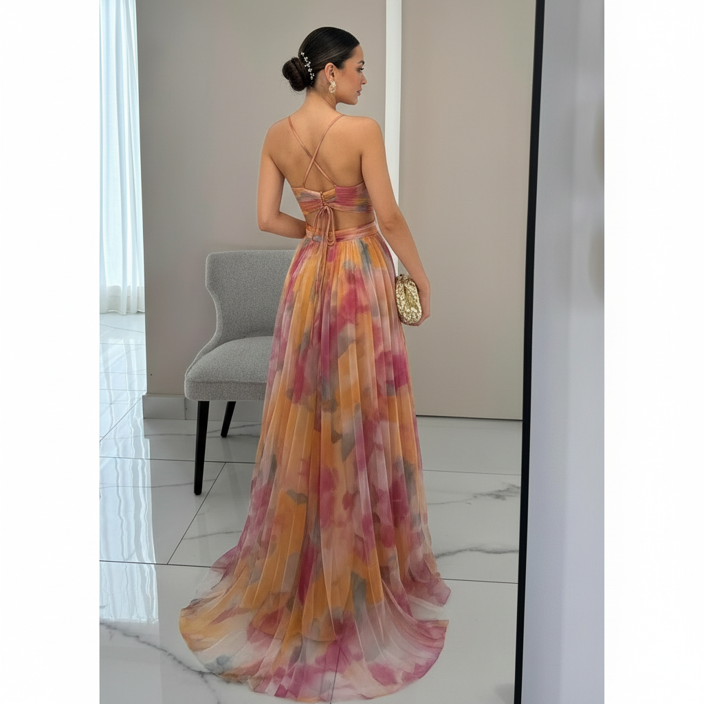 Robe Longue Femme Imprimée Fluide | Col V Sans Manches