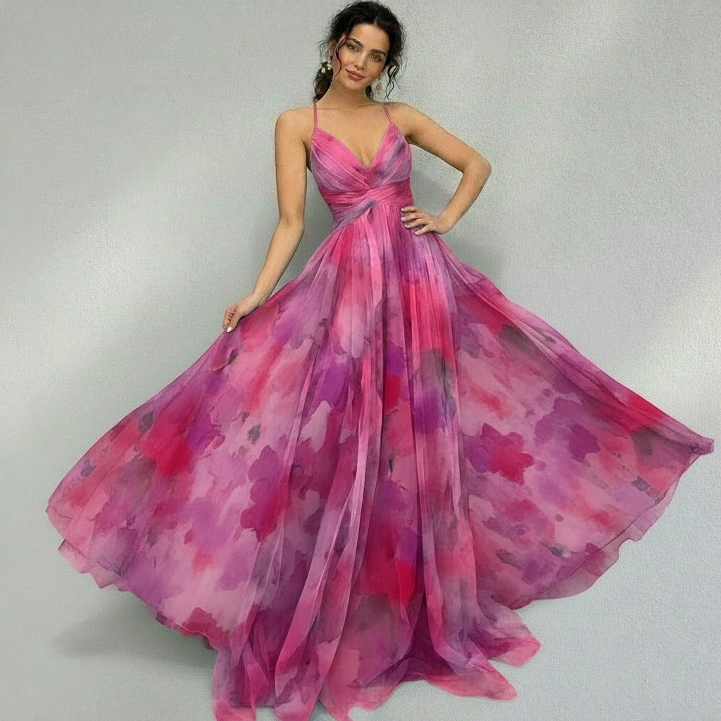 Robe Longue Femme Imprimée Fluide | Col V Sans Manches