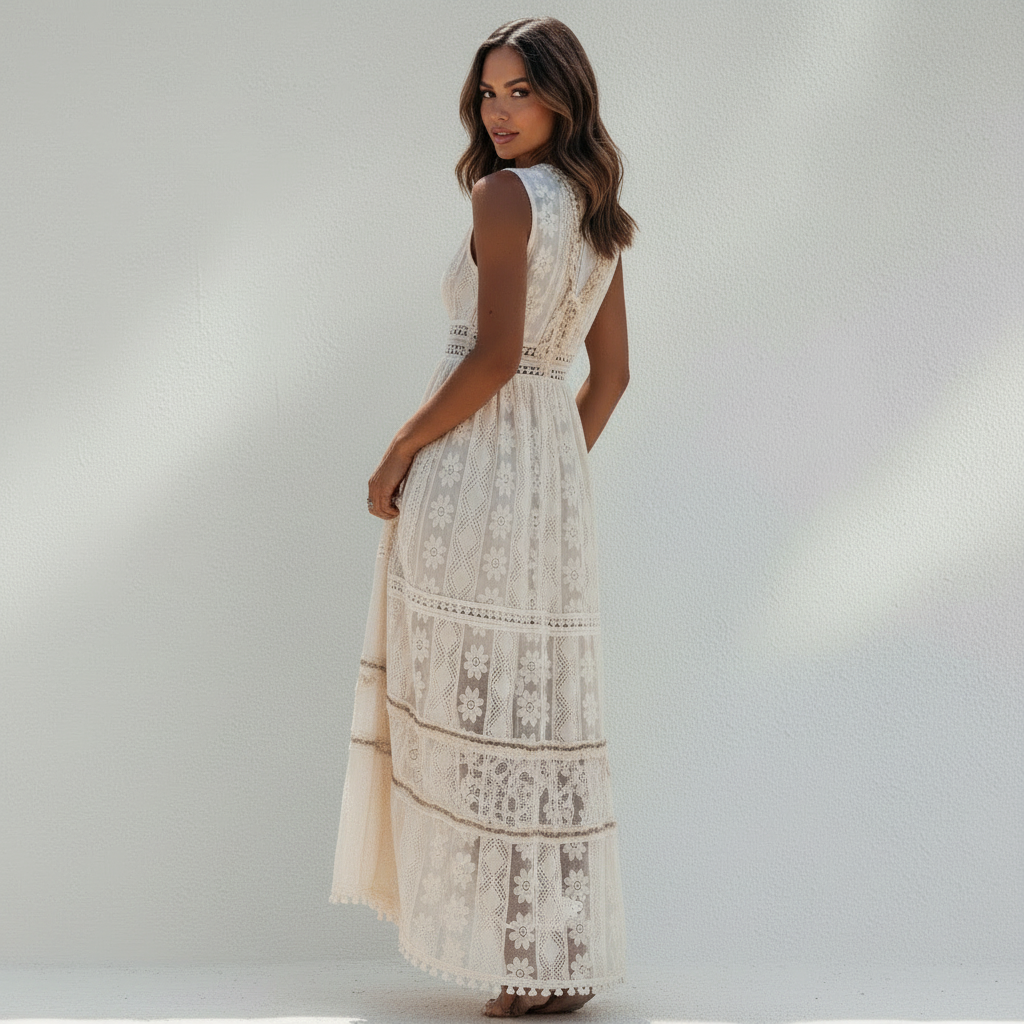 Robe Midi Femme Bohème en Dentelle à Col V