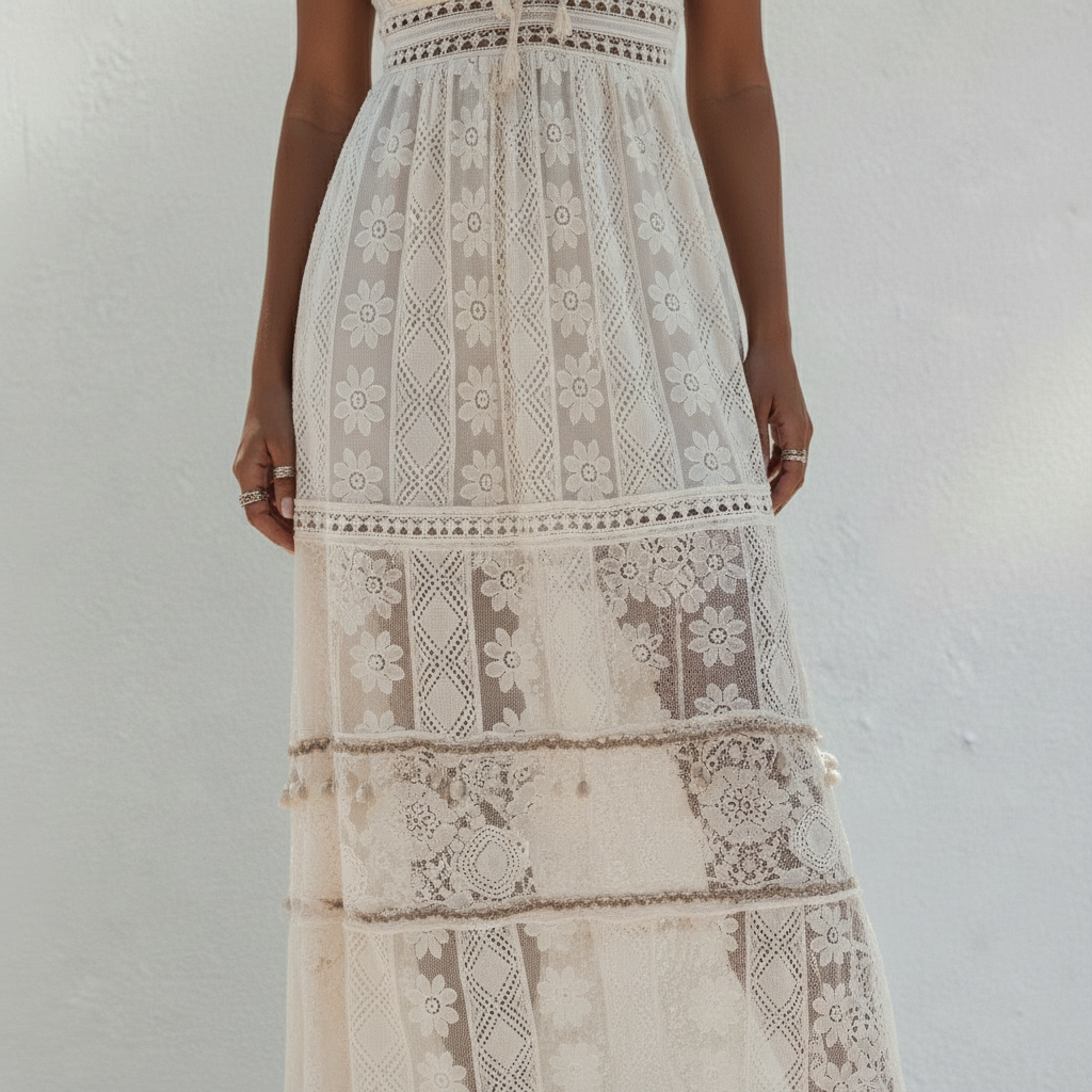 Robe Midi Femme Bohème en Dentelle à Col V