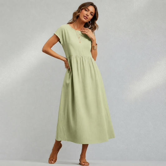 Robe longue d’été femme vert clair sans manches en coton, coupe ample et fluide