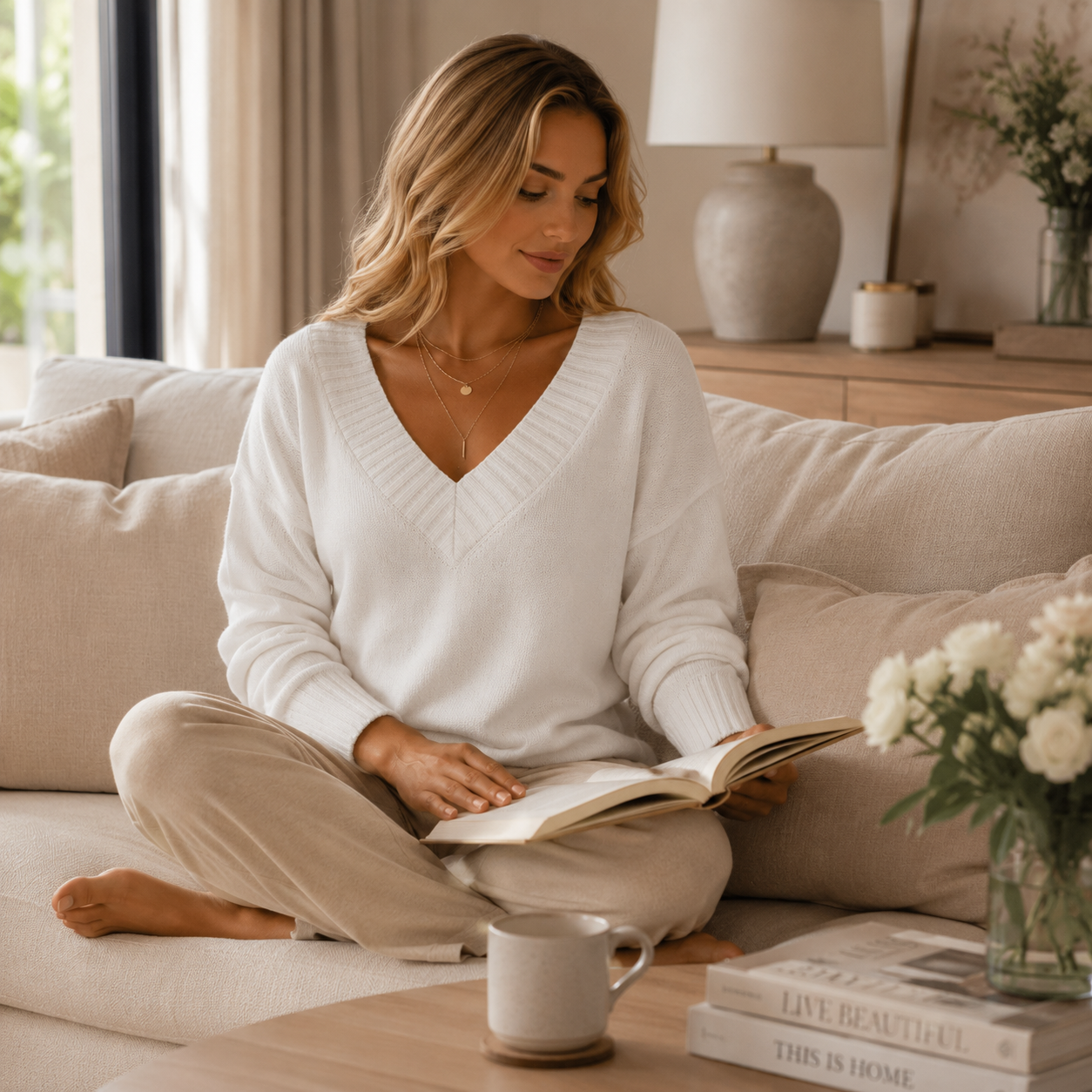 Pull femme blanc en maille douce porté dans un intérieur beige pour un look confortable et élégant