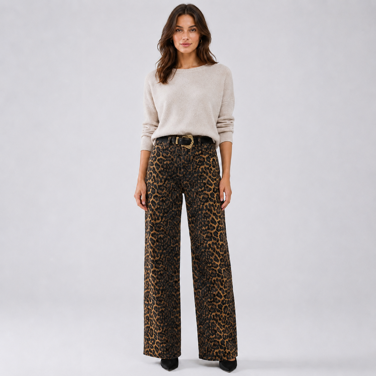 Pantalon Léopard Femme Taille Haute | Jean Large Marron