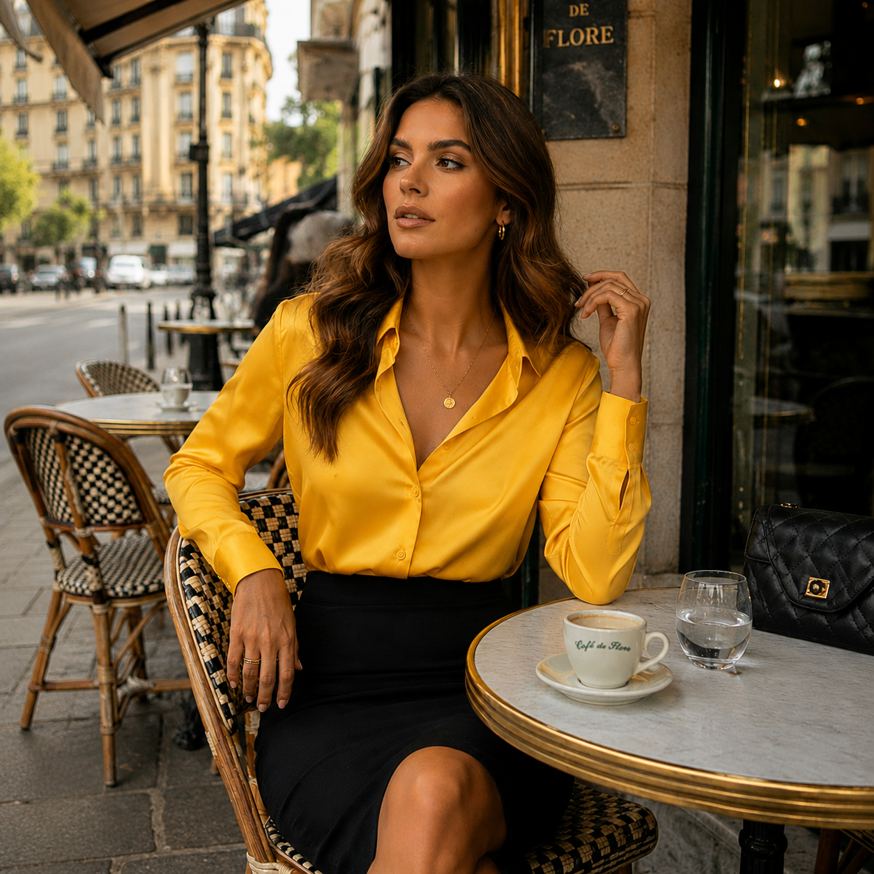Chemise jaune satinée portée sur terrasse parisienne
