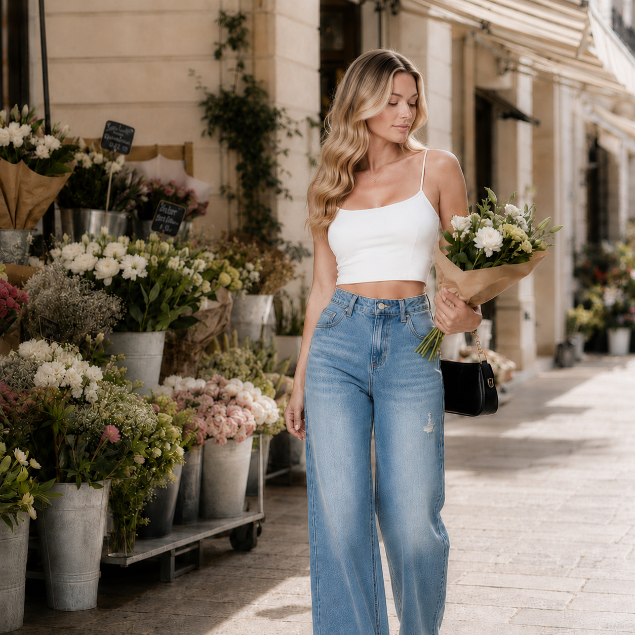 Pantalon femme denim bleu clair au marché aux fleurs