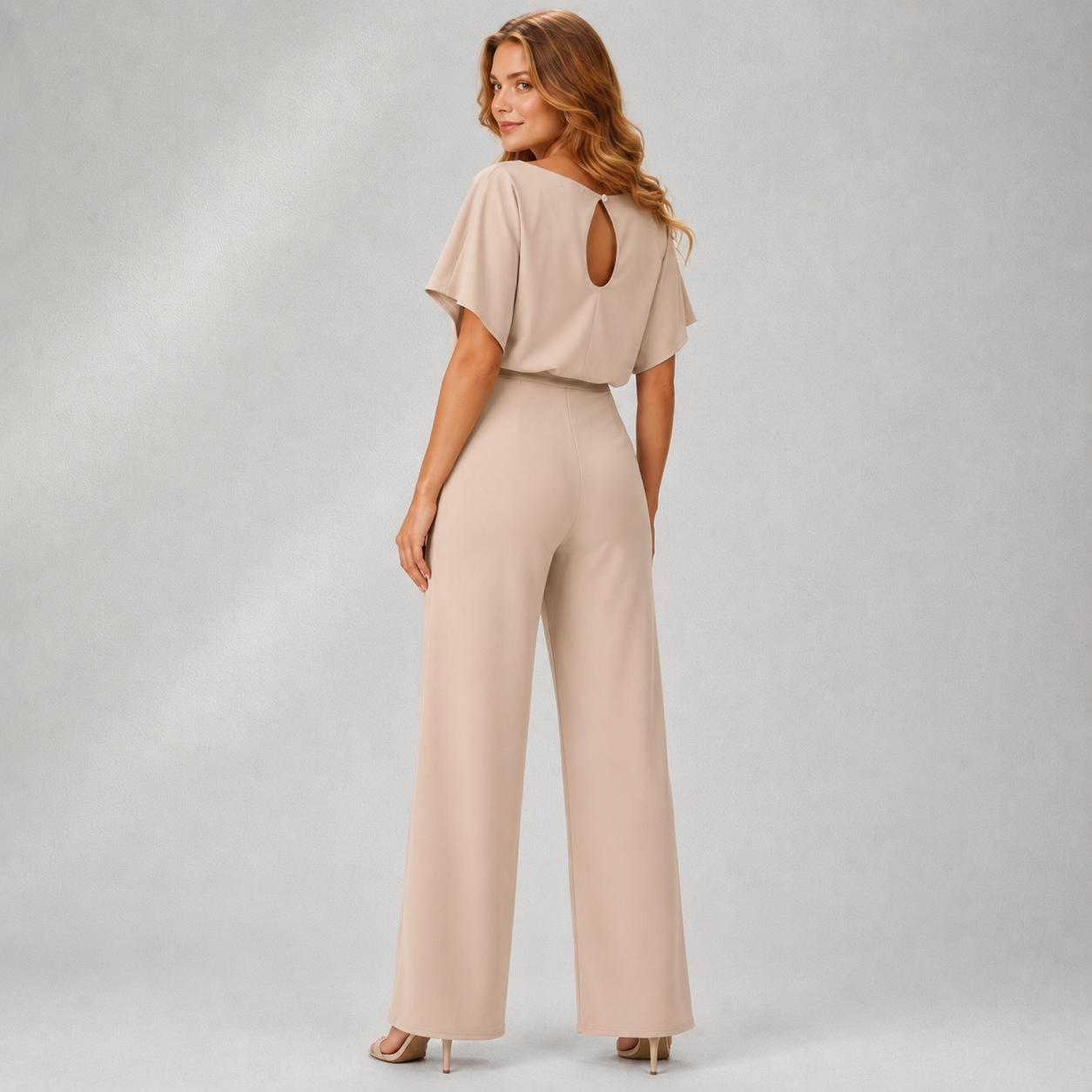 Combinaison beige pantalon large vue studio de dos