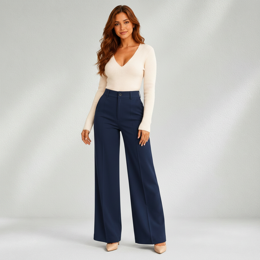 Pantalon bleu marine taille haute à jambes larges porté avec un pull écru