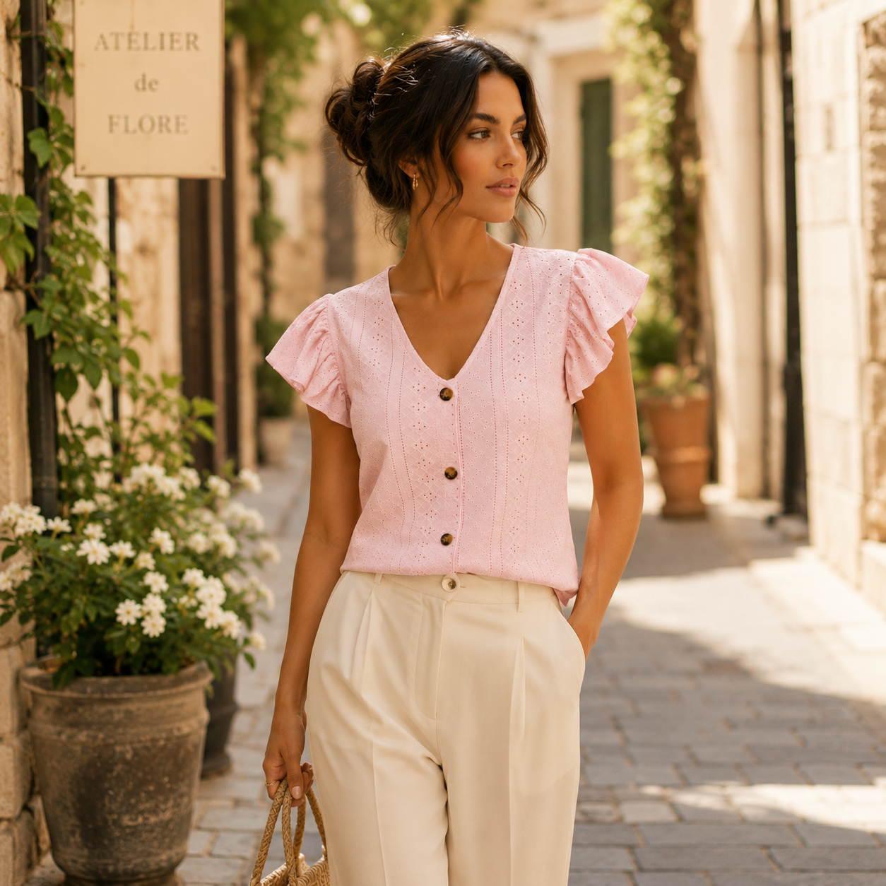 Blouse femme rose à manches volantées portée dans une rue ensoleillée du sud de la France