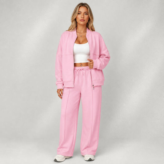 Survêtement femme rose 2 pièces avec veste zippée, pantalon large et top blanc