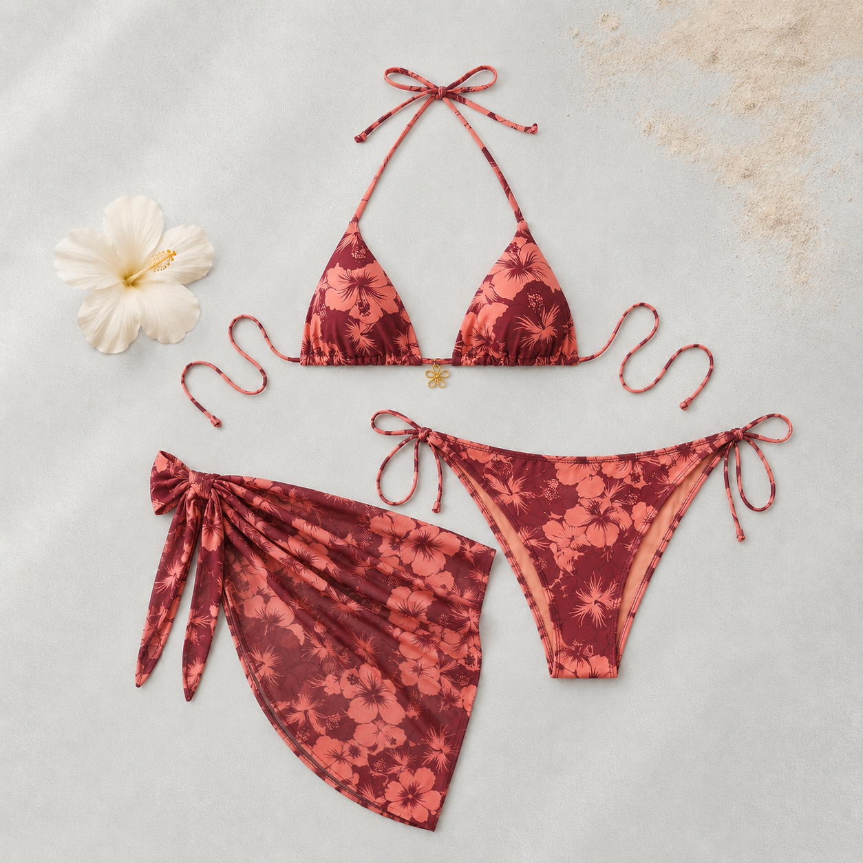 Bikini Femme Floral Rose Orange avec Paréo | Ensemble 3 Pièces