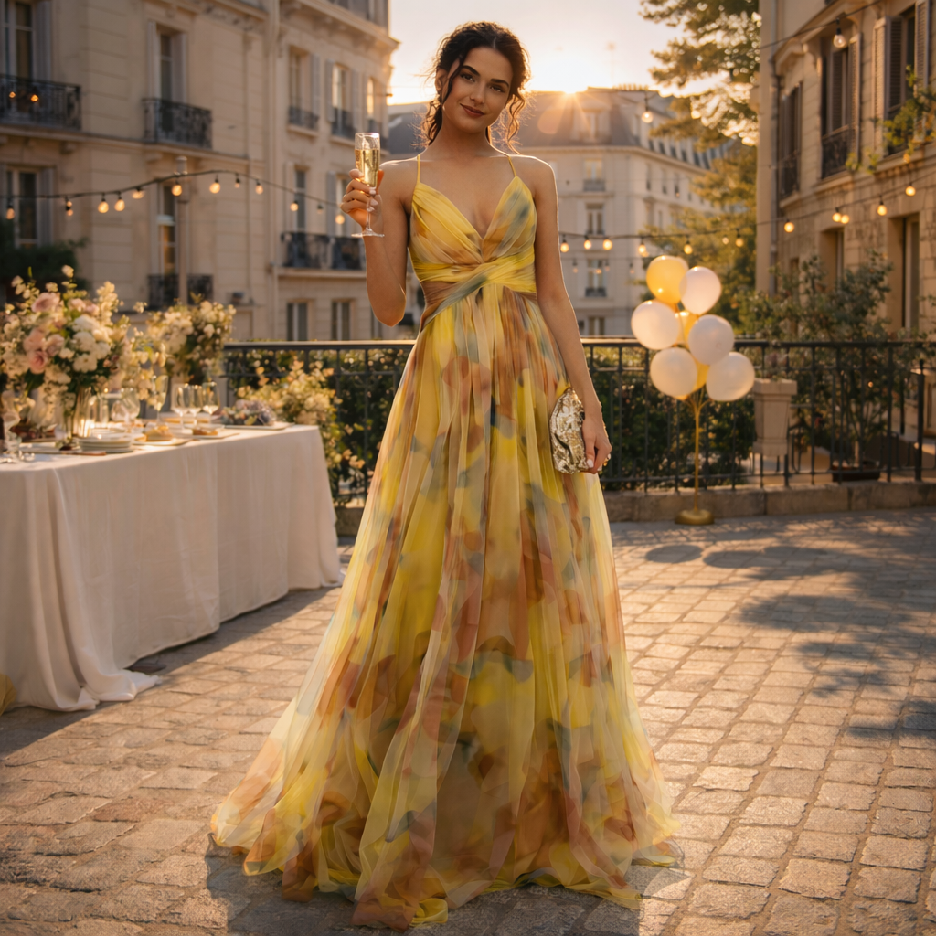 Robe Longue Femme Imprimée Fluide | Col V Sans Manches