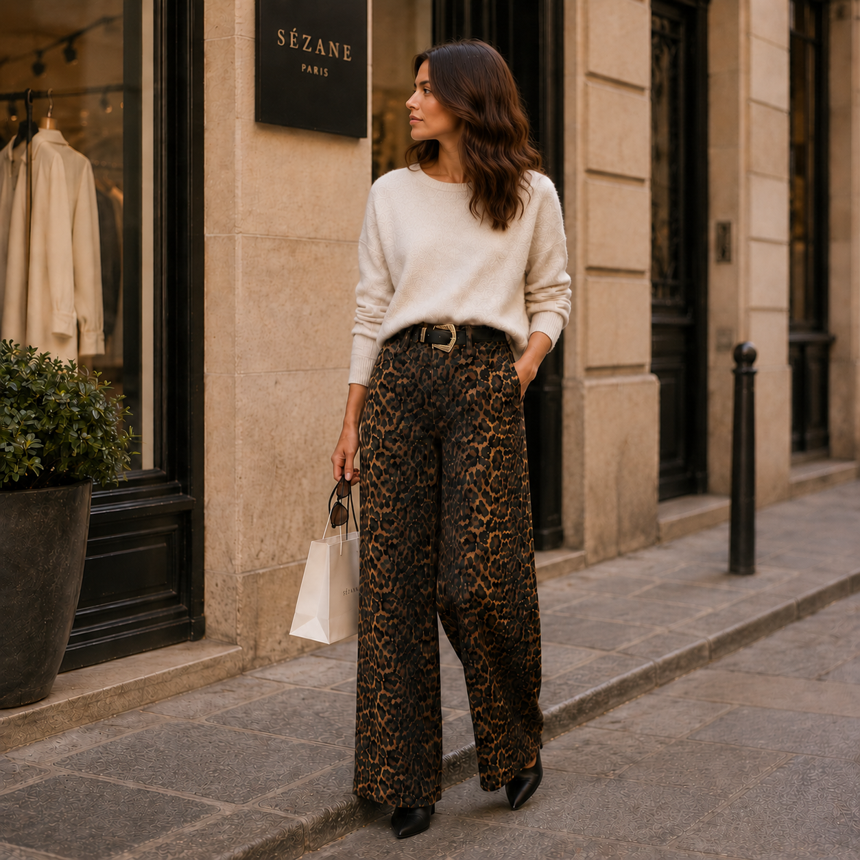 Pantalon Léopard Femme Taille Haute | Jean Large Marron