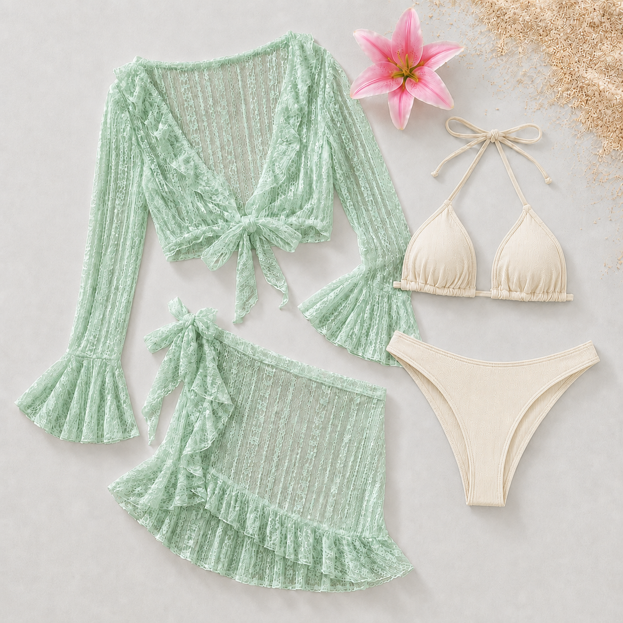 Ensemble Bikini Femme 4 Pièces avec Jupe et Blouse de Plage