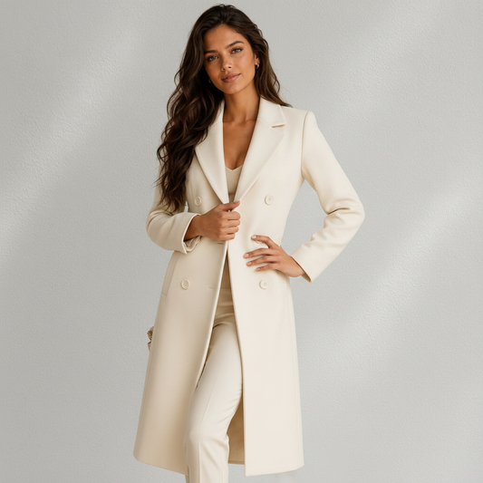 Manteau long croisé écru pour femme porté de face