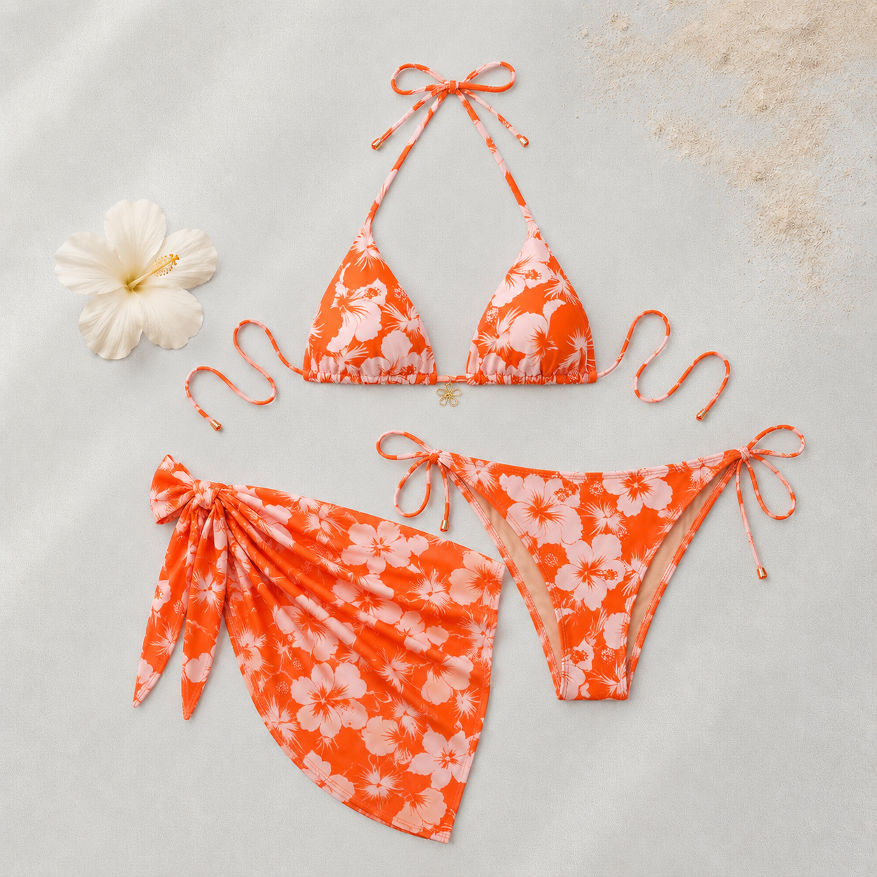 Bikini Femme Floral Rose Orange avec Paréo | Ensemble 3 Pièces