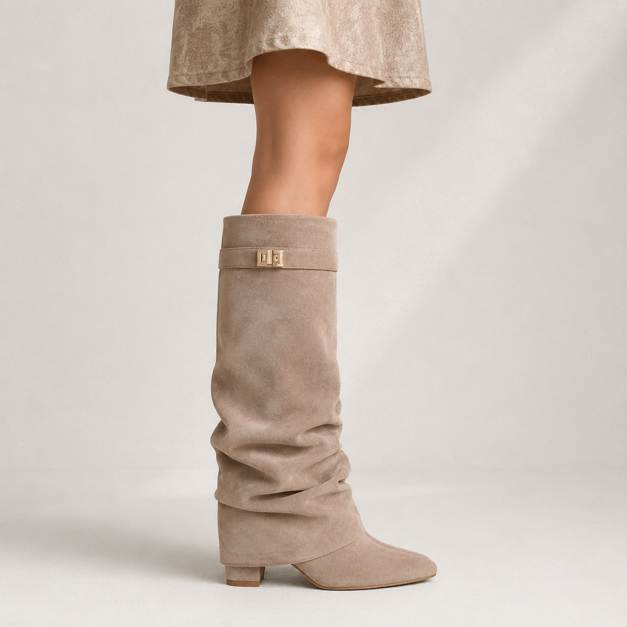 Bottes femme beige effet suédine vues de profil avec bout pointu