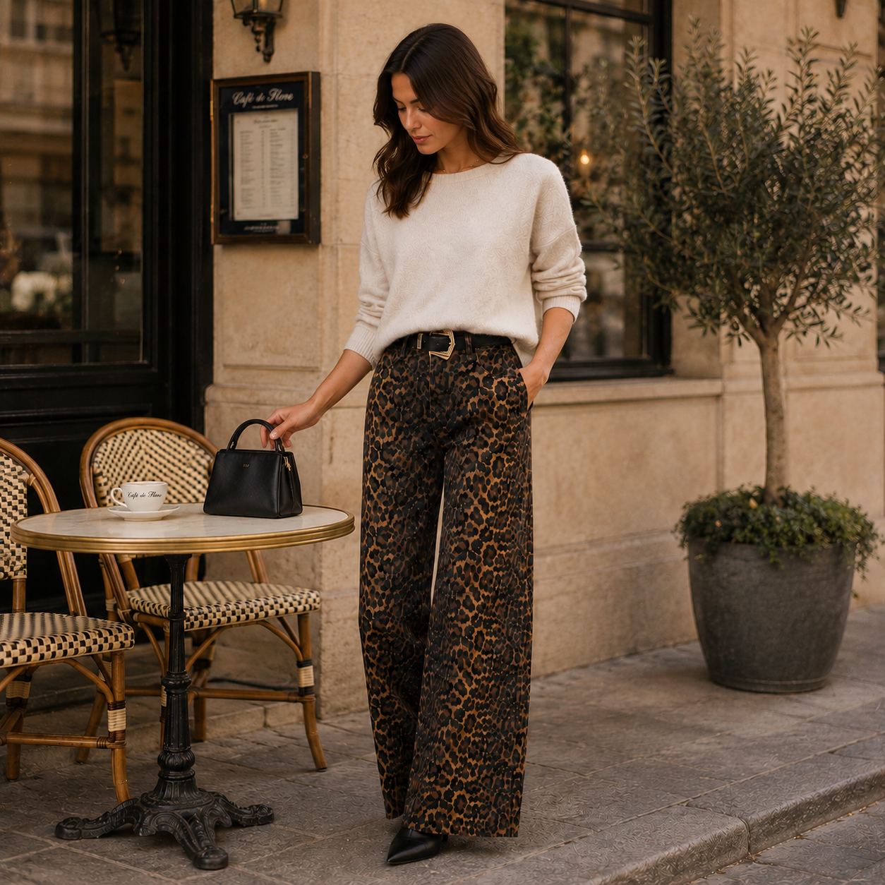 Pantalon Léopard Femme Taille Haute | Jean Large Marron