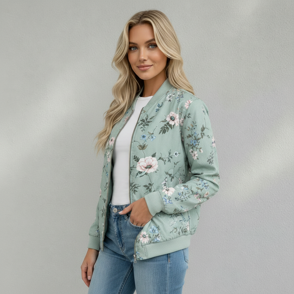 Veste Bomber Femme Imprimée Florale Manches Longues