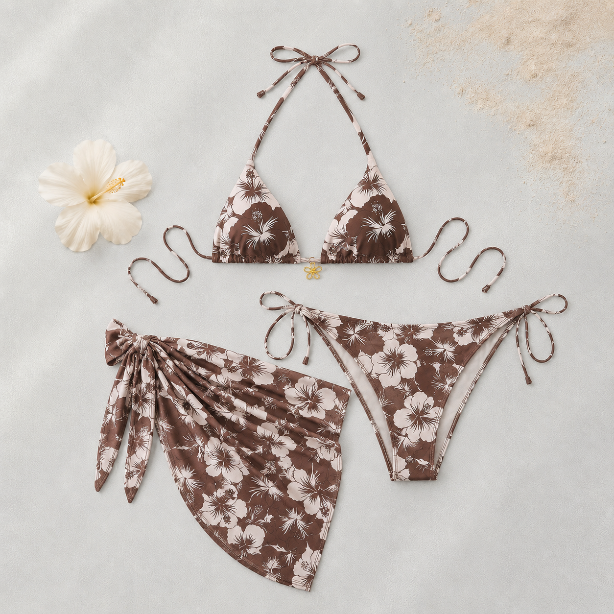 Bikini Femme Floral Rose Orange avec Paréo | Ensemble 3 Pièces