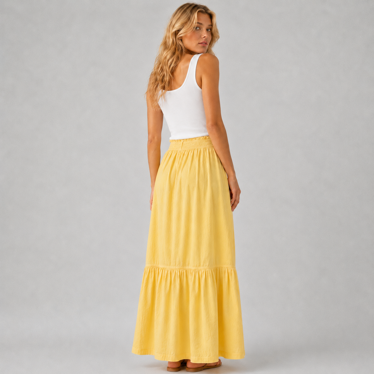 Jupe longue femme jaune en coton à taille élastique
