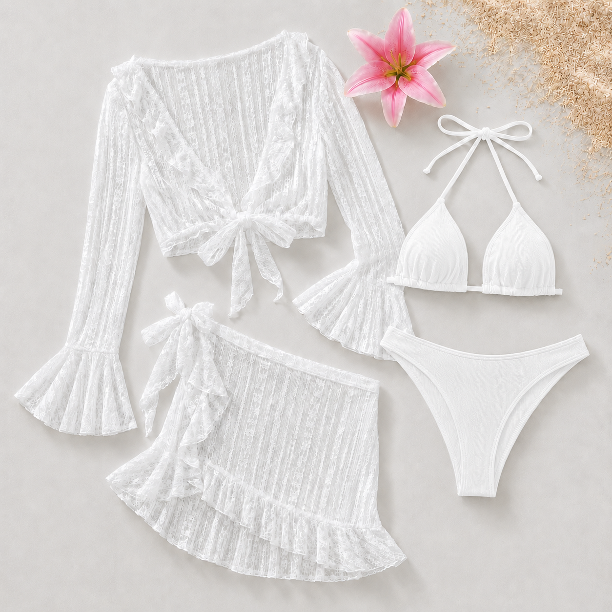 Ensemble Bikini Femme 4 Pièces avec Jupe et Blouse de Plage