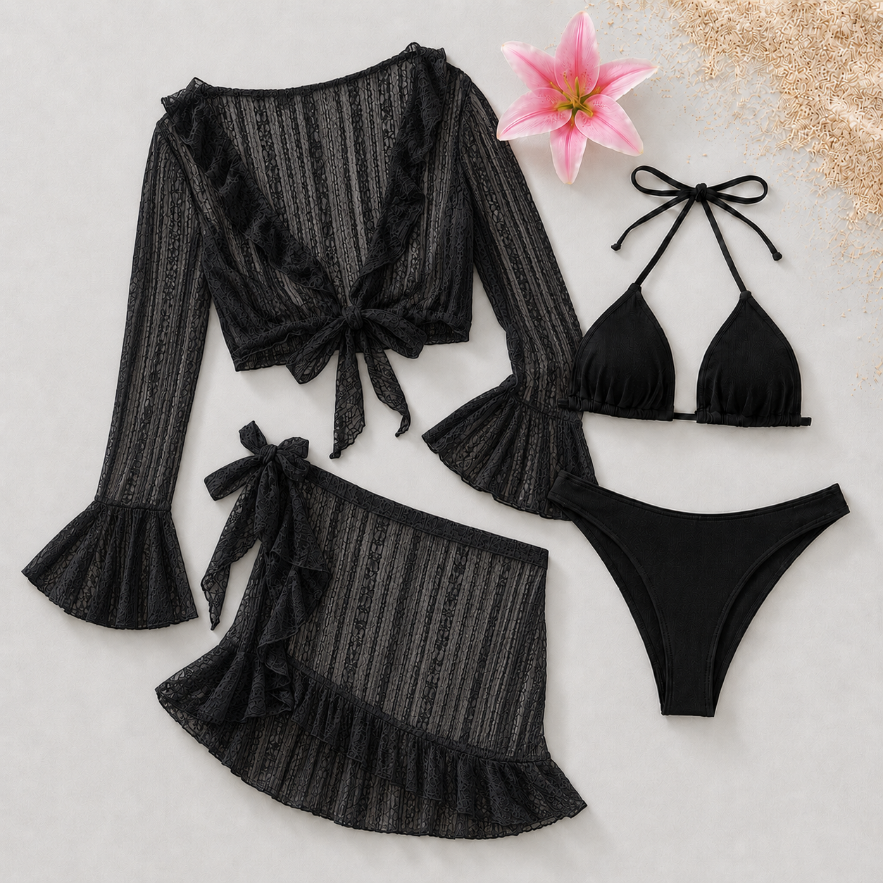 Ensemble Bikini Femme 4 Pièces avec Jupe et Blouse de Plage