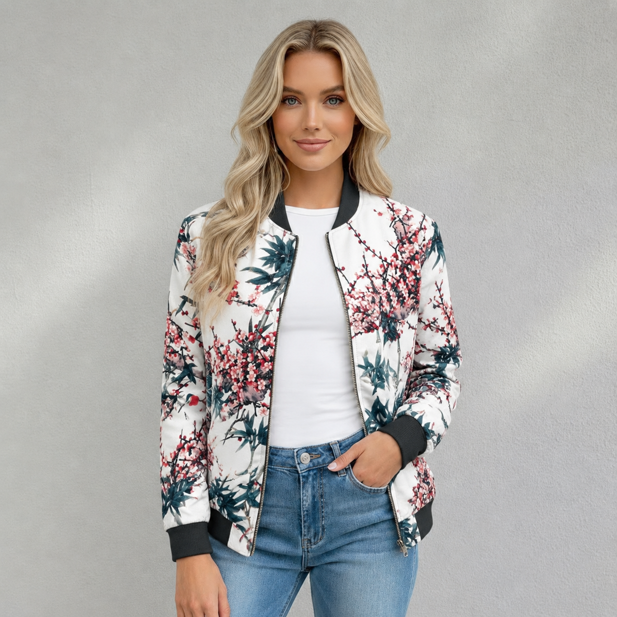 Veste Bomber Femme Imprimée Florale Manches Longues