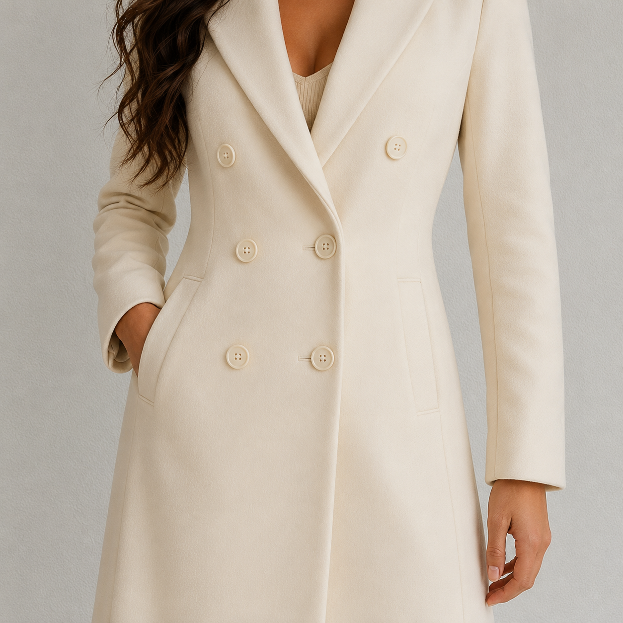 Détail des boutons du manteau croisé écru pour femme