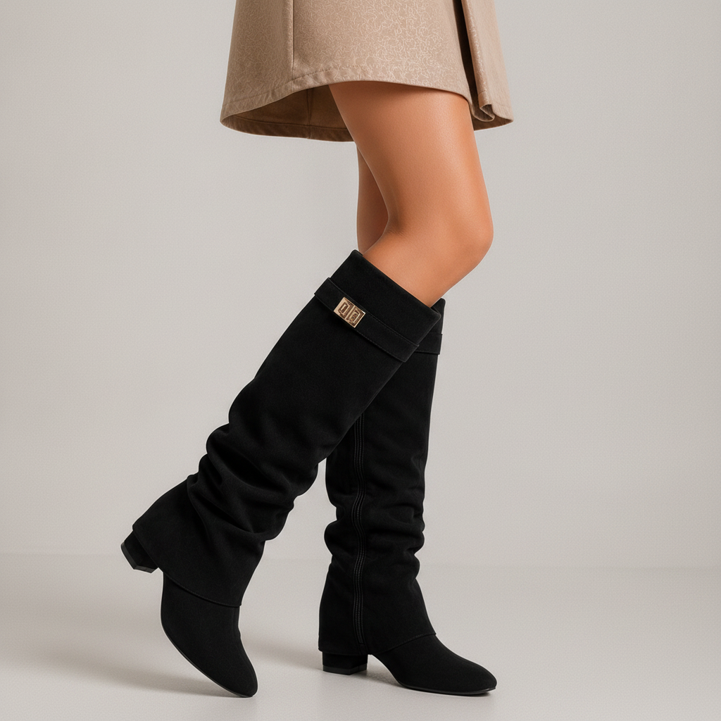 Bottes femme noires effet suédine avec tige plissée et détail doré