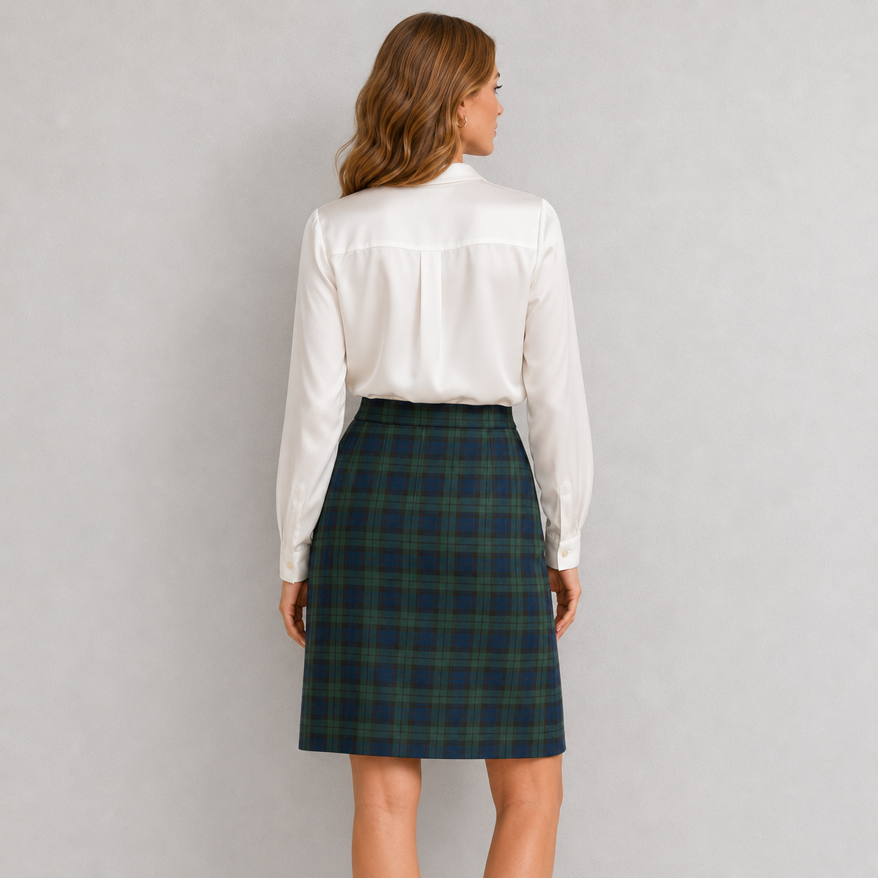 Jupe tailleur à carreaux vert foncé/marine, boutonnée devant, River Woods
