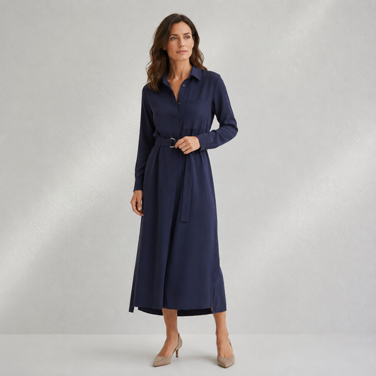 Robe chemise femme bleu marine avec ceinture portée en studio sur fond clair Ruvafashion