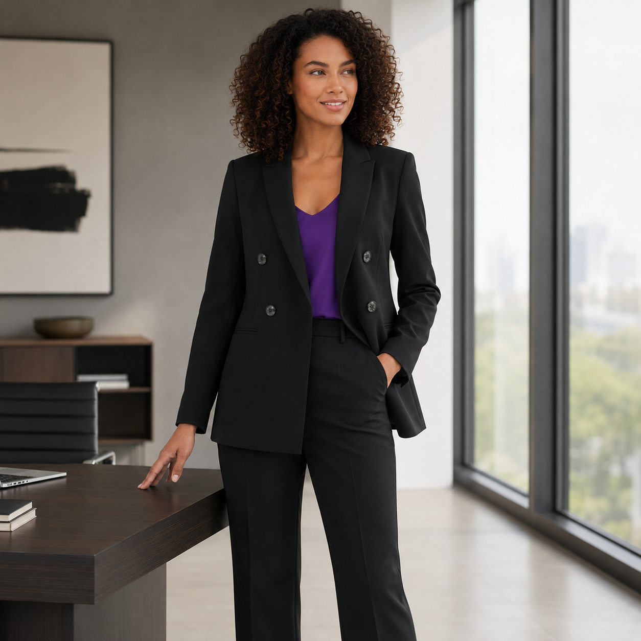 Blazer long noir s.Oliver Black Label porté en look bureau chic Ruvafashion