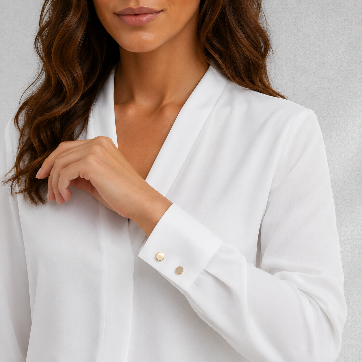 Détail de la manche longue avec boutons dorés de la blouse femme blanche