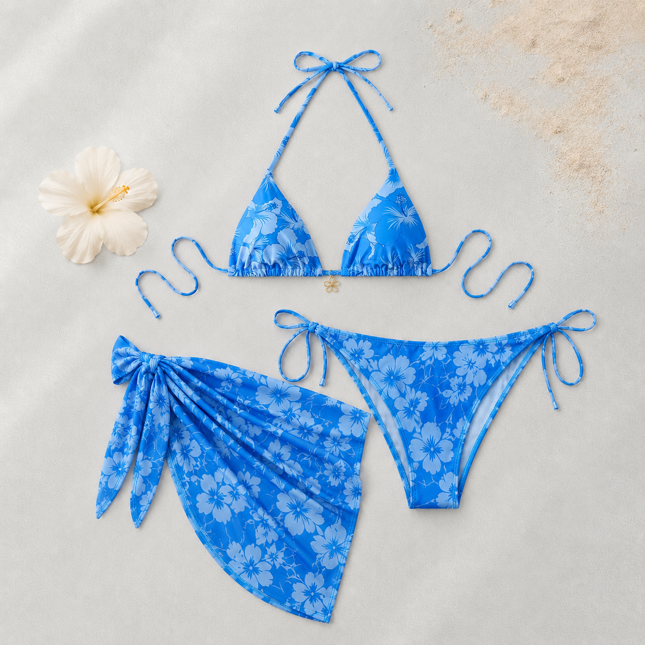 Bikini Femme Floral Rose Orange avec Paréo | Ensemble 3 Pièces