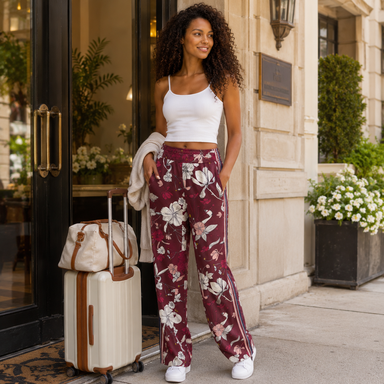 Pantalon femme fleuri bordeaux porté devant un hôtel avec sac de voyage et baskets blanches
