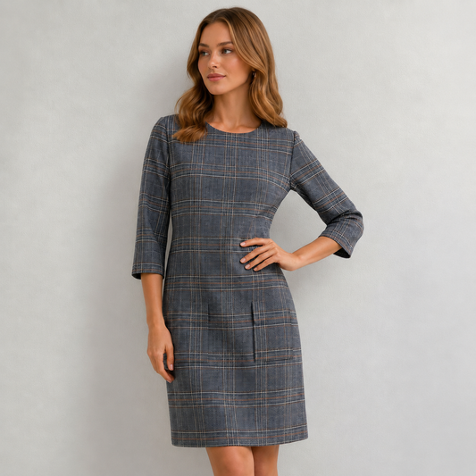 Robe droite à carreaux bleu marine, manches 3/4 – River Woods – Neuf sans étiquette de prix