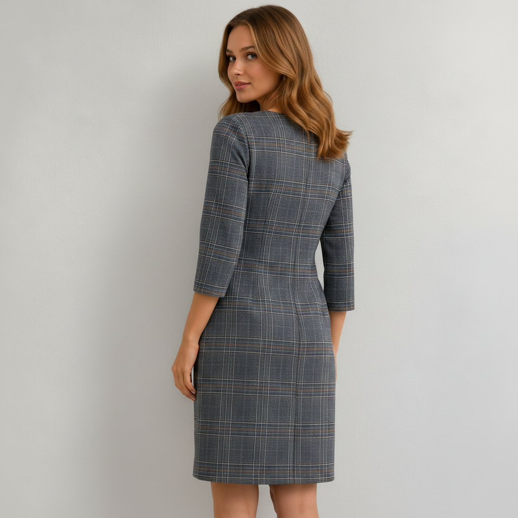 Robe droite à carreaux bleu marine, manches 3/4 – River Woods – Neuf sans étiquette de prix